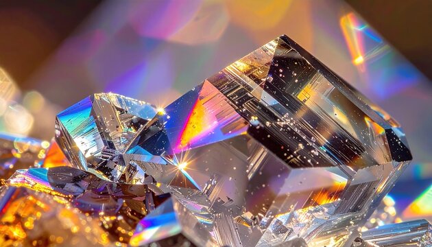 Diamond gemstone macro photography showing sparkling crystal facets, brilliant refractions and rainbow light