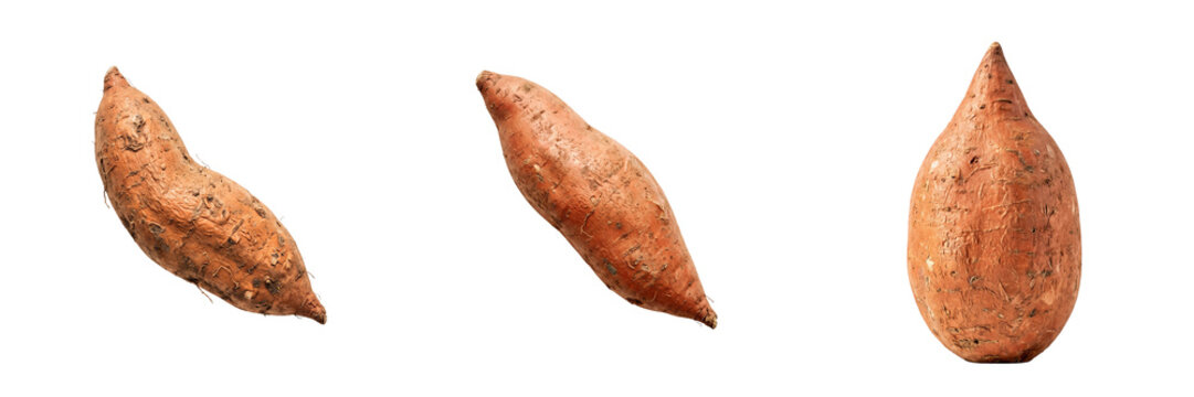 Three whole sweet potatoes with textured orange skin and brown dirt specks isolated on a transparent background