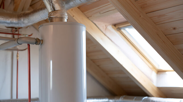 Modern water heater tank installed inside wooden attic room with ventilation pipe system and window light for domestic utility service view