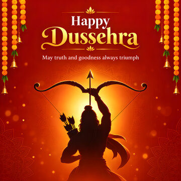 Happy Dussehra greeting with Lord Rama silhouette holding bow and arrow