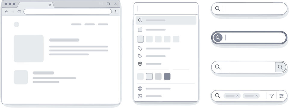 Set of search bar ui elements and web browser interface wireframe