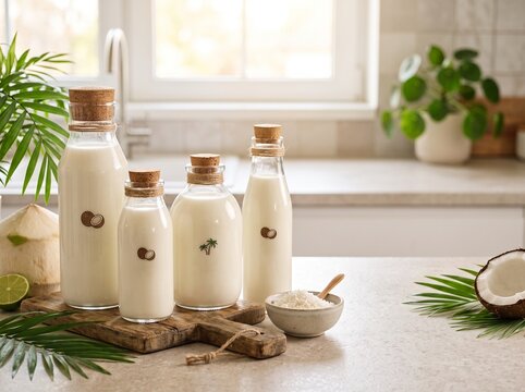 Fresh coconut milk bottles on rustic wooden board in bright kitchen.