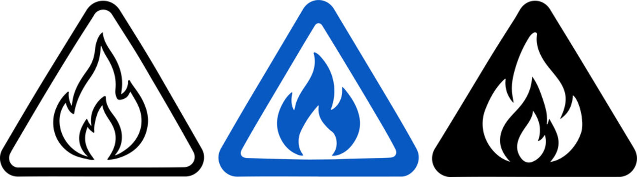 Flammable material warning signs black and white triangular hazard symbols