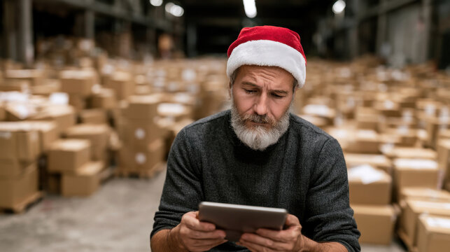 Worried warehouse manager wearing Santa hat checking Christmas parcel backlog on tablet in crowded distribution center