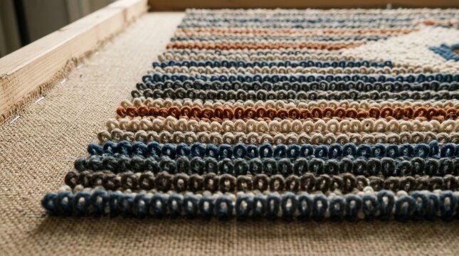 Handmade rug hooked from wool yarn inside wooden frame on burlap fabric