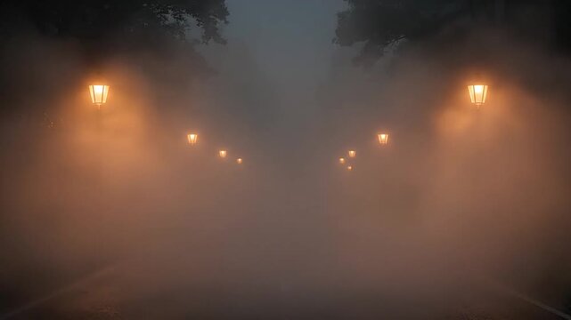Glowing street lamps along a foggy park path at night