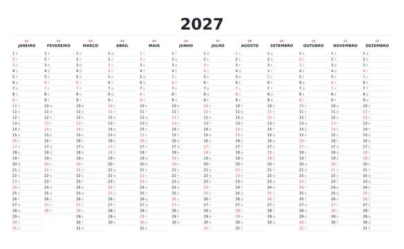 Portuguese 2027 calendar for Portugal, planner with vertical columns
