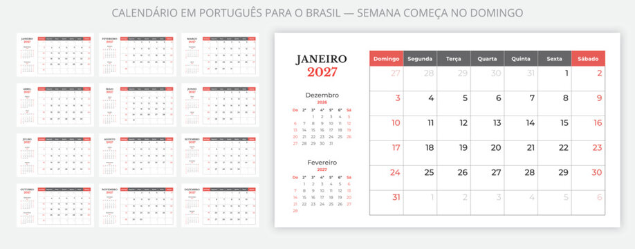 Portuguese calendar for Brazil 2027, sunday start, 12 month planner pages set