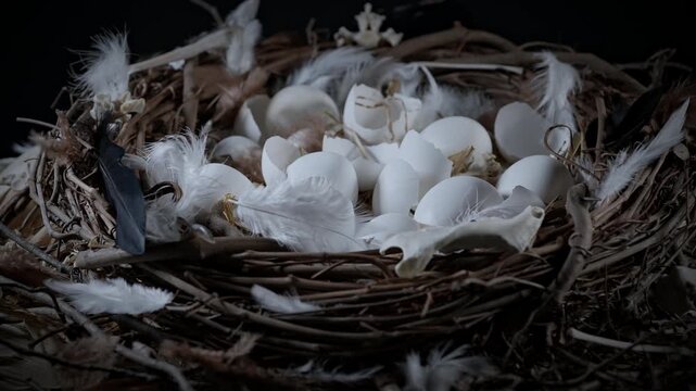 Hatched eggs in the nest, baby birds left the nest. Inside large nest with eggs shells sticks end small animal bones. Wildlife illustrative nature scene and ecosystem. Empty bird nest.