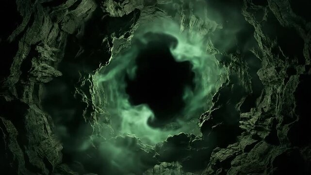 Mystical green smoke swirling through a dark rocky cave tunnel aperture