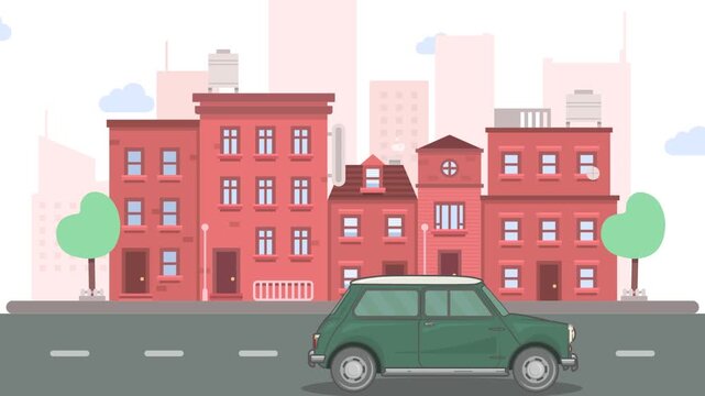 Flat vector animation of a vintage green car driving past red brick city buildings