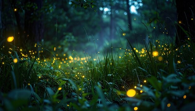 Mysterious dark forest with glowing fireflies among tall grasses and lush foliage