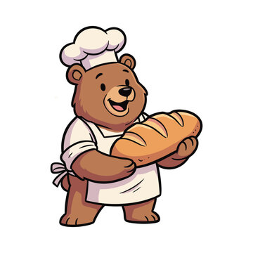 Happy Brown Bear Baker Holding Fresh Bread