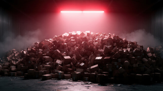 Huge pile of cardboard parcels accumulated in a dark warehouse under dramatic red lighting, symbolizing delivery overload, shipping backlog and logistics congestion