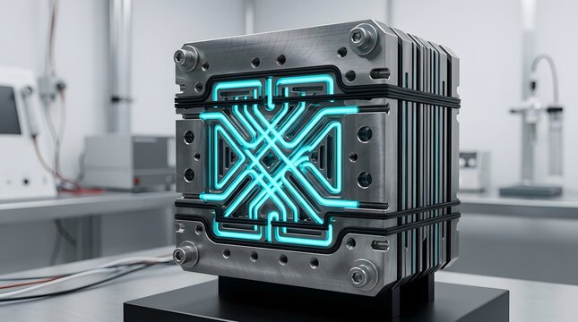 Industrial metallic fuel cell stack featuring glowing cyan neon pathways set on a laboratory table within a bright modern facility