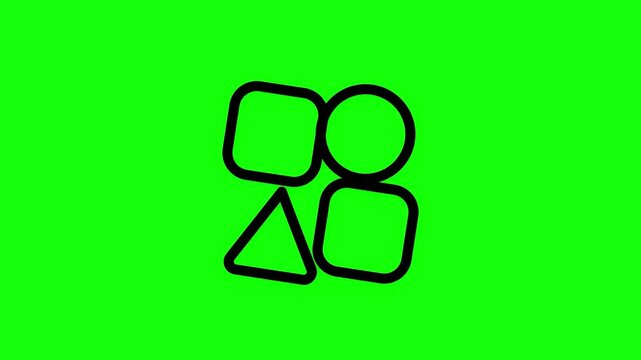 Animated geometric shapes icon set with square circle and triangle outlines isolated on a bright green chroma key background