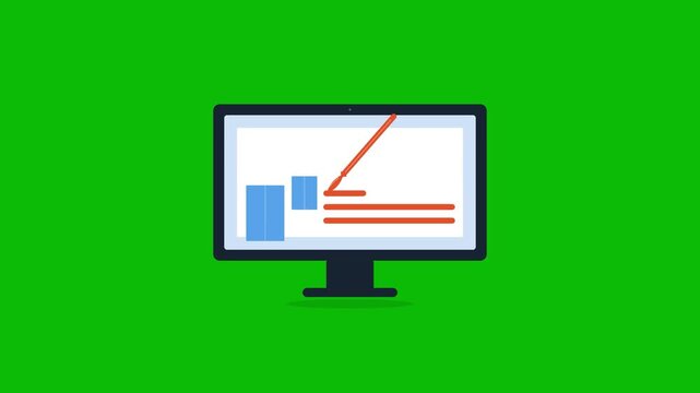 Flat vector animation of a computer monitor displaying digital document editing with a pen tool on a green screen background