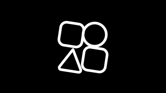 Minimalist geometric shape icons animation with white outline on black background for user interface and motion graphic design elements