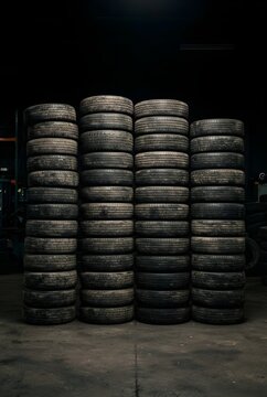 Close-up of four distinct vertical tire stacks arranged neatly in a row against a dim, atmospheric garage backdrop, emphasizing industrial texture and rubber detail
