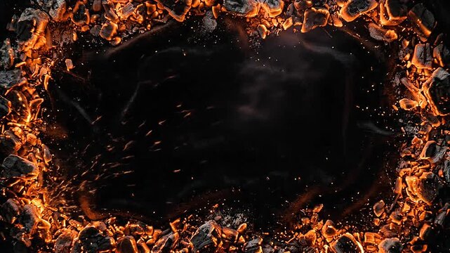 Burning Charcoal Embers Frame with Glowing Fire Sparks