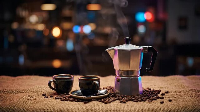 Metal moka pot brewing hot coffee with cups and beans on burlap table