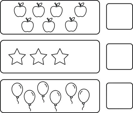 Kids math counting worksheet vector template with apples stars and balloons outline icons