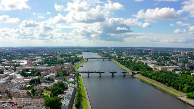 Panorama of the city of Tver, Russia. Drone footage. Volga River. Drone footage