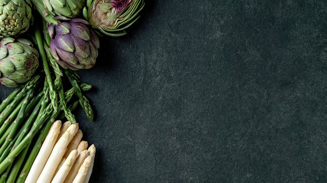 Healthy Eating Fresh Artichokes and Asparagus on Dark Background with Copy Space