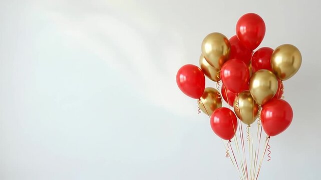 Red and gold balloons floating against a clean white background