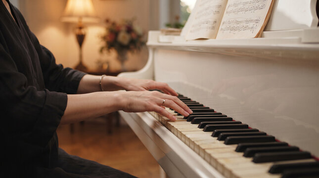 Melody in Motion: A woman's hands gracefully dance across the keys of a white piano, sheet music visible in the background, creating a serene and harmonious atmosphere.