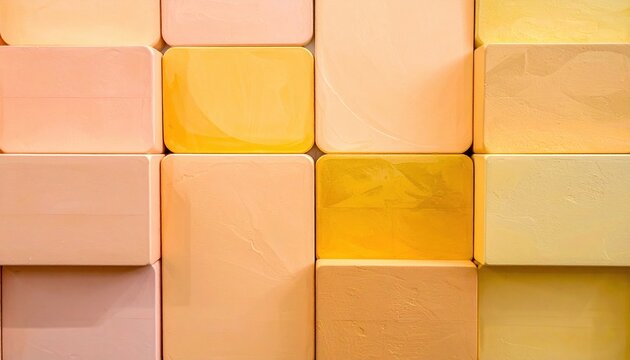 Soft rounded rectangular wall blocks in pastel yellow and peach creating abstract geometric interior texture