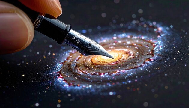 Fingers gripping silver fountain pen nib creating brilliant spiral galaxy with cosmic dust and glowing starlight on dark surface