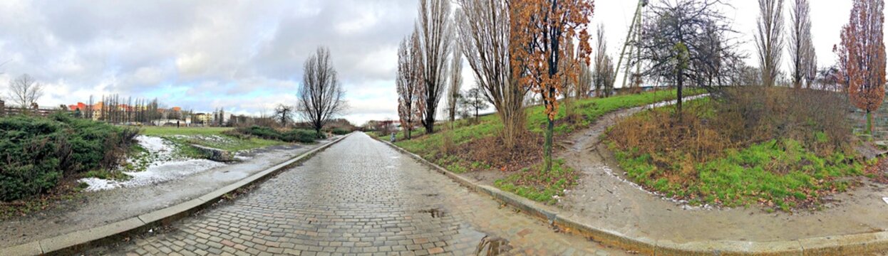 Paved path through parkland on a cloudy day