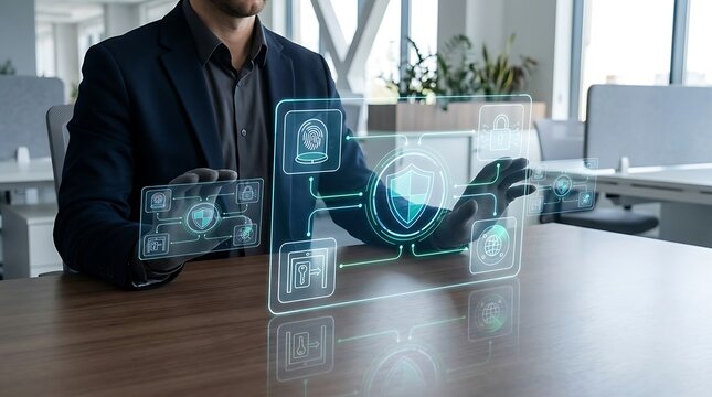 Businessman interacting with futuristic cybersecurity transparent holographic screen on office desk, featuring central shield defense, biometric fingerprint authentication, secure server database, and