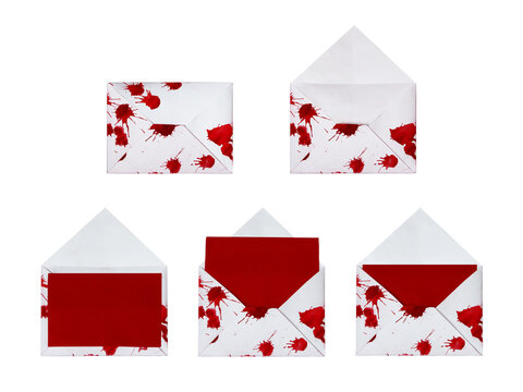 Set of gruesome blood splattered open envelopes with blank red stationery cards for extreme halloween massacre template mockup isolated