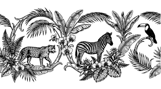  Decorative Vintage Jungle Mural Seamless Border with Tropical Plants and Animals