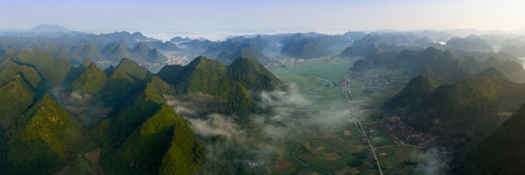 Bac Son valley Mist Aerial Golden Hour Lang Son Vietnam