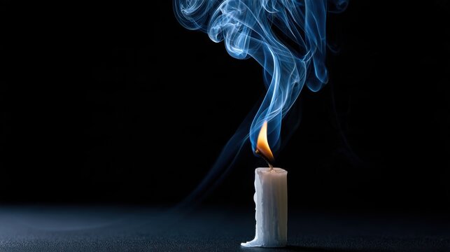 A single white candle burning in the dark, with smoke curling upwards. The flame is bright orange and yellow against the black background. A symbol of hope or a lost soul