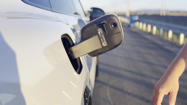 Close-up of an electric car being plugged in for charging, with a hand near the charge port on a roadside