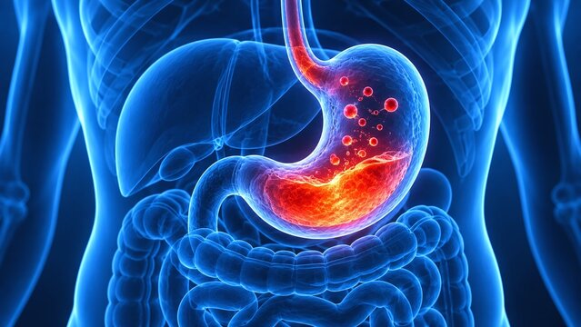 Digital 3D illustration of human stomach anatomy showing acid reflux, heartburn, indigestion, and digestive system health issues