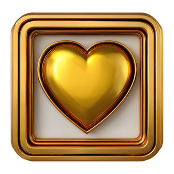 Golden heart icon inside a square frame with gold heart 3D heart metallic text