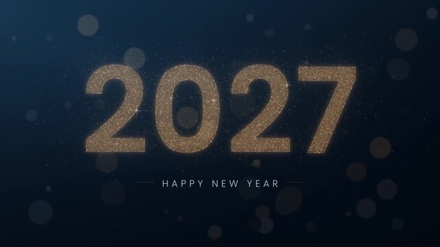 Happy New Year 2027 Gold Glitter Text Forming From Dust Particles and Dissolving Away on Dark Navy Blue Background. Elegant Particle Holiday Greeting Animation
