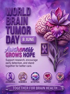 World brain tumor day 8 june poster with human brain and purple ribbon brain health awareness day early detection medical research healthcare cam