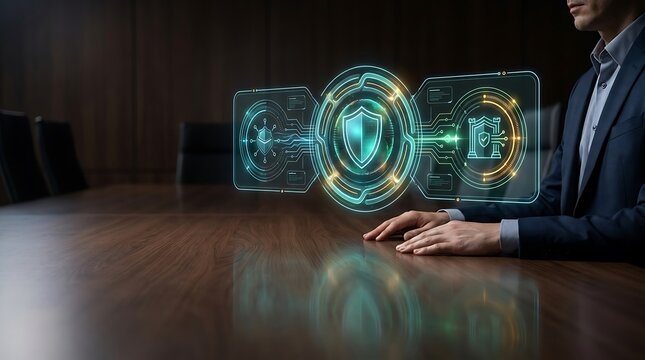 Businessman sitting at dark wood conference table working with futuristic cybersecurity hologram interface, featuring central network shield defense