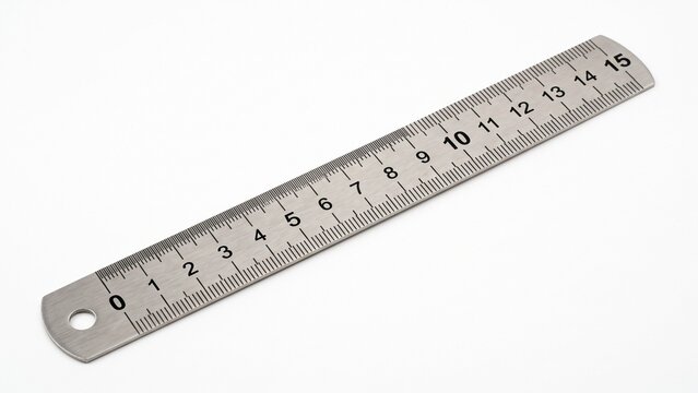 Metallic ruler showing fifteen centimeters marked with precision black numbers isolated on white background