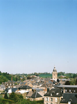 Historic French village rooftops on a sunny day
