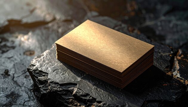 Stack of blank brown textured business cards on dark rough stone under dramatic sunlight