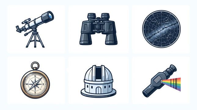 Set of Astronomy and Navigation Icons Featuring Telescopes, Binoculars, Star Maps, Compasses, and Observatories in a Flat Vector Illustration Style