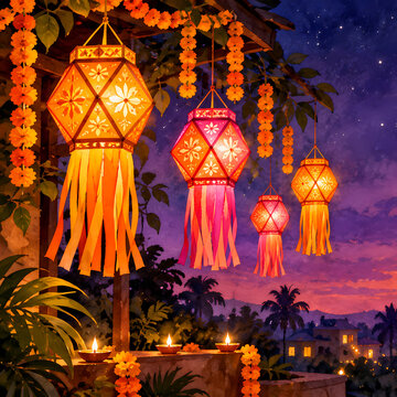 Watercolor hanging akash kandil lanterns glowing in twilight sky Diwali illustration