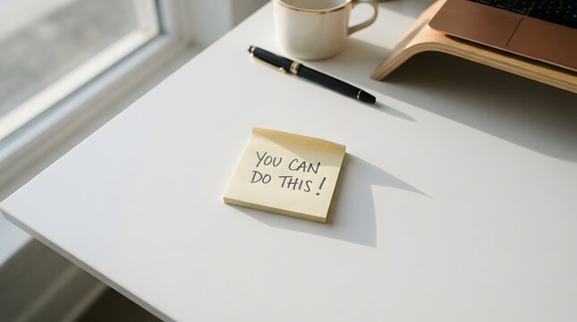 Adhesive sticky note with you can do this written on white desk motivational quote positive thinking desk workspace office supplies self motivation paper note desk setup positive affirmation